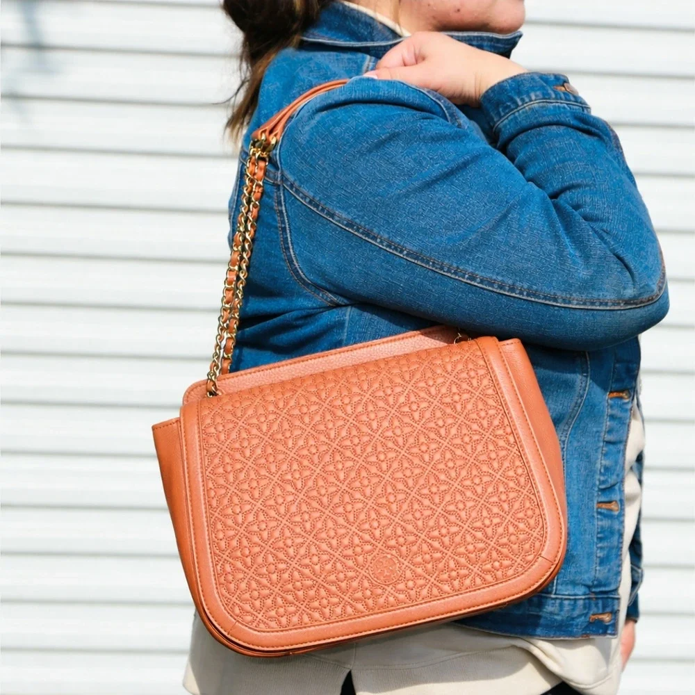 Tory Burch Brown Bryant Leather Quilted 2 Way Crossbody Bag